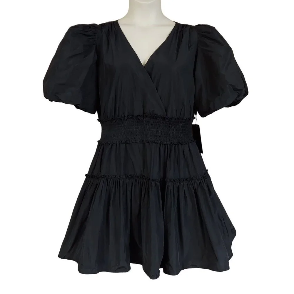 ☆☆SOLD☆☆ Karl Lagerfeld Paris Women's Puff-Sleeve Black Taffeta A-Line Dress - Picture 4 of 10